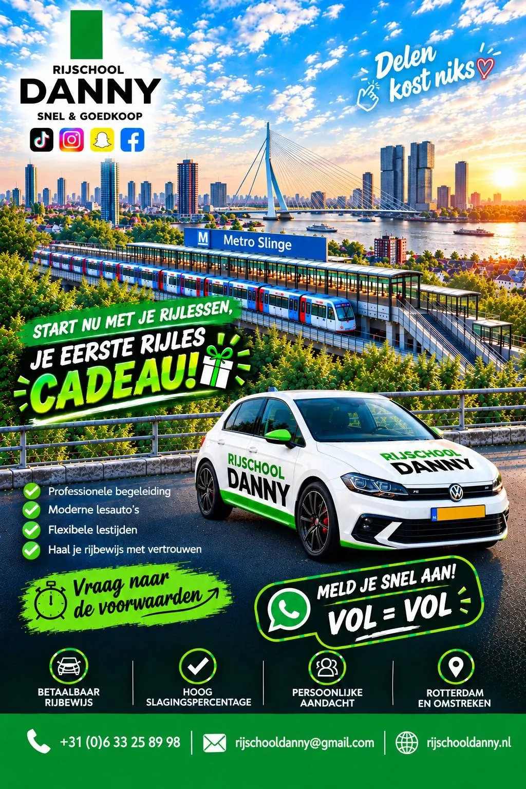 Flyer Rijschool Danny: start nu met je rijlessen, je eerste rijles cadeau! Vraag naar de voorwaarden. Meld je snel aan, vol = vol.